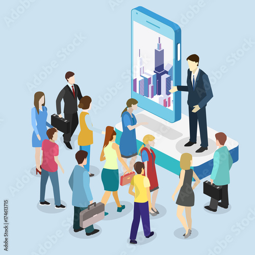 Isometric flat 3D exhibition promotion stand. Trade show booth