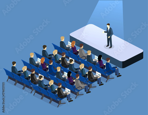 Business presentation meeting in conference hall. People listen to speakers.