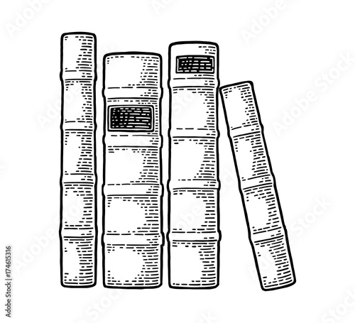 Pile of standing old books isolated on white background. Vector engraving