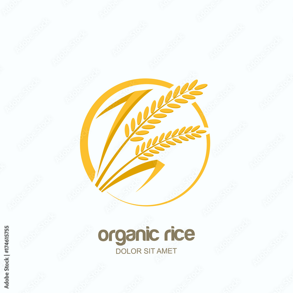 Vector logo, label or package emblem with yellow rice, wheat, rye grains. Concept for asian agriculture, organic cereal products, bread and bakery. Vector logo, label or package emblem with yellow rice, wheat, rye grains. Concept for asian agriculture, organic cereal products, bread and bakery.