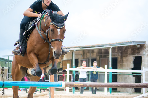 horse jumping obstacles during equestrian school training