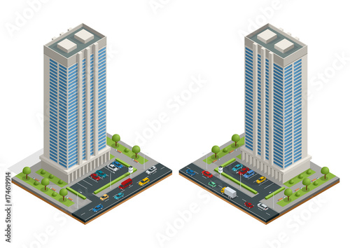 Isometric city houses composition with building and road isolated vector illustration. Collection of urban elements architecture, home, road, intersection, traffic light and cars