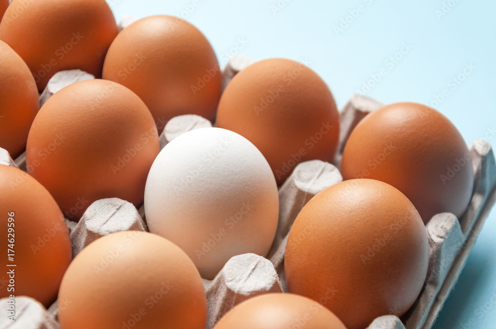 A cardboard box with chicken eggs is brown and white. Distinctive feature. Differences. A cardboard box with chicken eggs is brown and white. Distinctive feature. Differences.