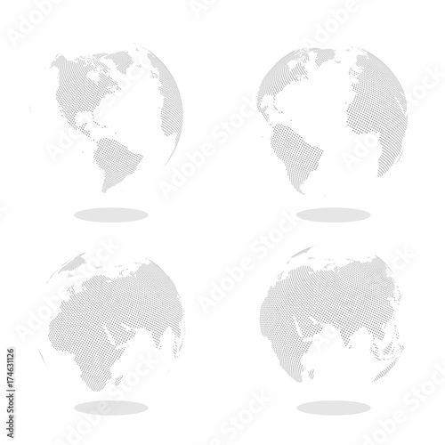 Abstract Set of Globes with Dotted Map. Black and White Halftone Effect Vector Illustration.