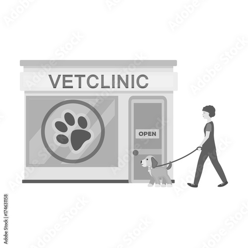 Visiting the vet clinic, the pet,dog on a leash with the hostess. Pet,dog care single icon in monochromt style vector symbol stock illustration web. photo