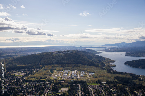 Aerial view of Burnaby Mountain with Vancouver City in the Background. Taken in British Columbia, Canada.