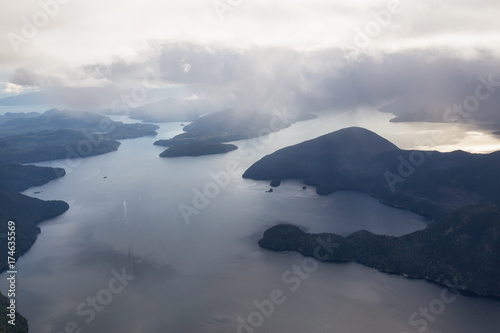 Aerial view of the Inlet near Sunshine Coast, British Columbia, Canada. Taken during a cloudy and rainy evening.