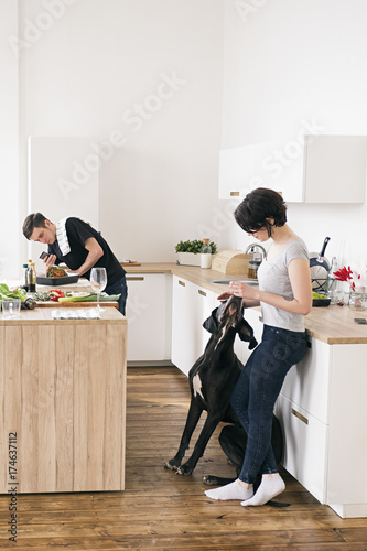 Family with pet at home