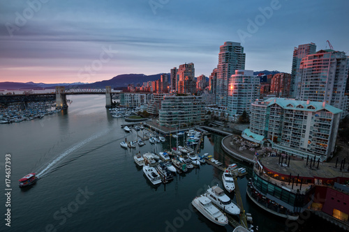 False Creek in Downtown Vancouver, British Columbia, Canada. Taken from an aerial perspective during a colorful sunset.