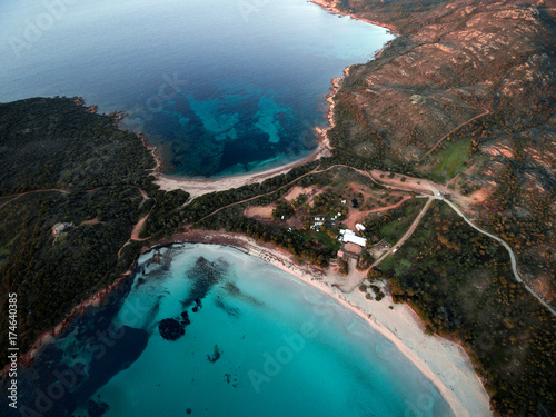 Aerial view of Rondinara beach at sunrise