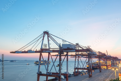 row of giant cranes at freight terminal,china.