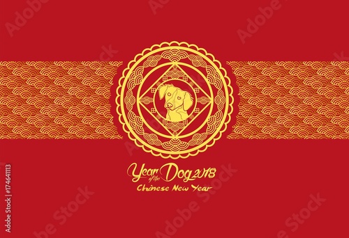 Happy Chinese new year and year of dog card with gold dogs in flower circle