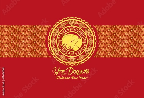 Happy Chinese new year and year of dog card with gold dogs in flower circle