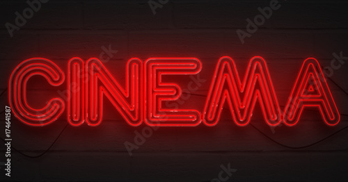 3D rendering flickering blinking red neon sign on dark brick background, cinema movie film entertainment sign