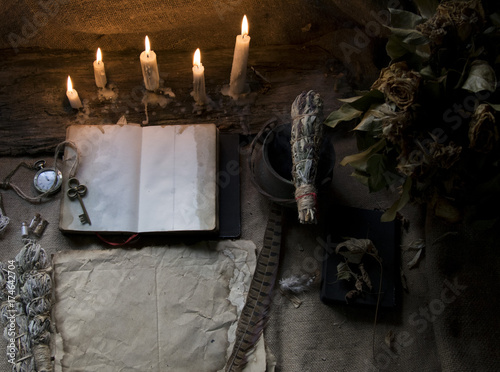 Magic fairytale table in the hut with window to the garden with open ancient book and burning candles
