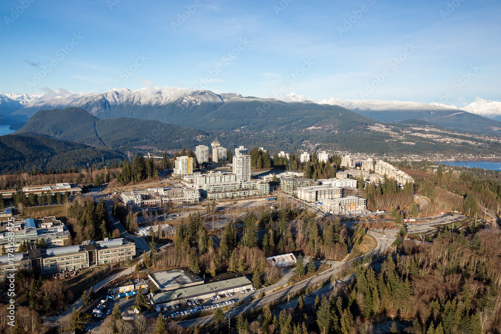 Aerial view of Simon Fraser University (SFU) on Burnaby Mountain. Picture taken in Vancouver Lower Mainland, British Columbia, Canada.