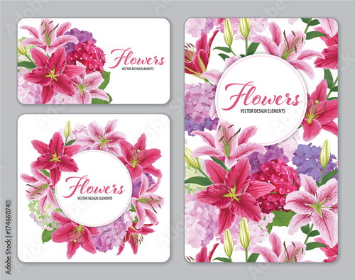 Fototapeta Naklejka Na Ścianę i Meble -  Colorful lilies flower and hydrangea on white background. Vector set of blooming floral for wedding invitations and greeting card design.