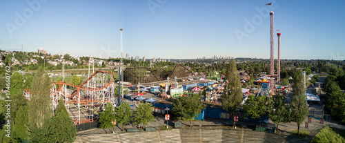 Vancouver, British Columbia, Canada - Aerial Panoramic View of Playland amusement park during a bright sunny day.