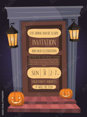 Halloween night party invitation with haunted house doorway and pumpkin head jack lanterns, isolated cartoon vector illustration on blue background. Halloween design template with space for text.