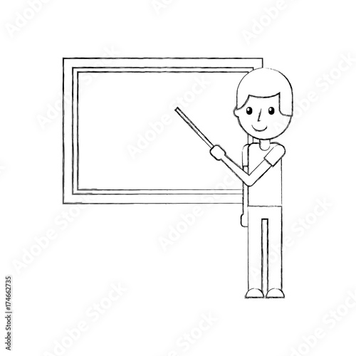 teacher with pointer showing on board on lesson at blackboard in classroom