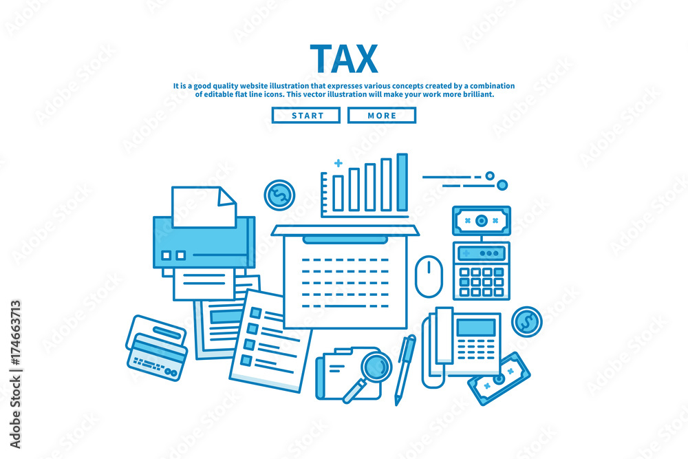 Modern flat blue color line vector editable graphic illustration, business finance concept, tax