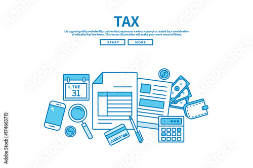 Modern flat blue color line vector editable graphic illustration, business finance concept, tax