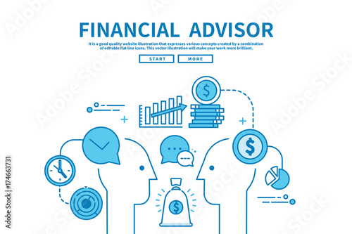 Modern flat blue color line vector editable graphic illustration, business finance concept, financial advisor