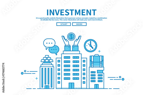 Modern flat blue color line vector editable graphic illustration, business finance concept, investment