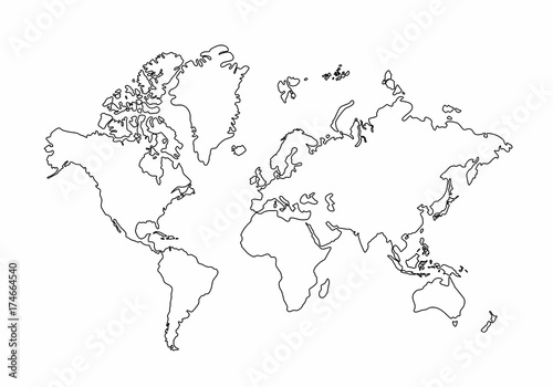 World map outline graphic freehand drawing on white background, vector of Asia, Europe, north, south, america, Australia and africa