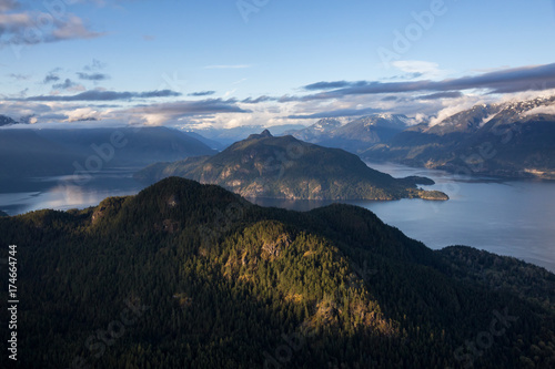 Beautiful Aerial Landscape view of Gambier Island and Anvil Island in Howe Sound, North West of Vancouver, British Columbia, Canada. Taken during a colorful sunset.