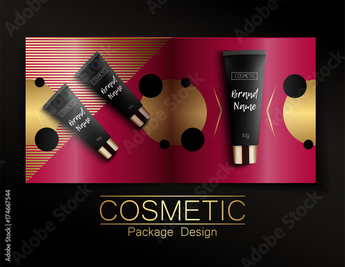 Template of fashion magazine, catalog of cosmetic. Realistic packaging cosmetics templates.cream - bright, trendy, young background, top view. Advertising of fashionable cosmetics. Vector illustration photo