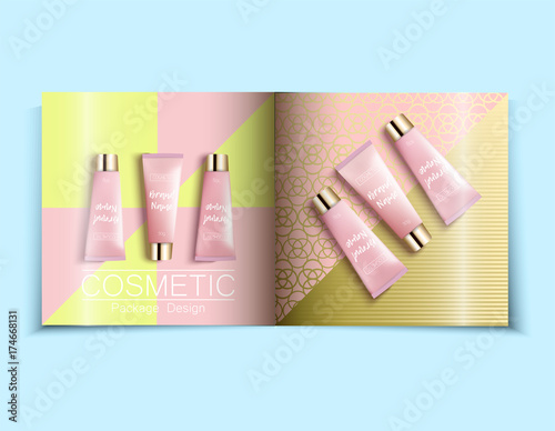 Template of fashion magazine, catalog of cosmetic. Realistic packaging cosmetics templates.cream - bright, trendy, young background, top view. Advertising of fashionable cosmetics. Vector illustration photo