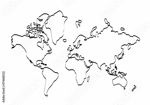 World map outline graphic freehand drawing on white background, vector of Asia, Europe, north, south, america, Australia and africa