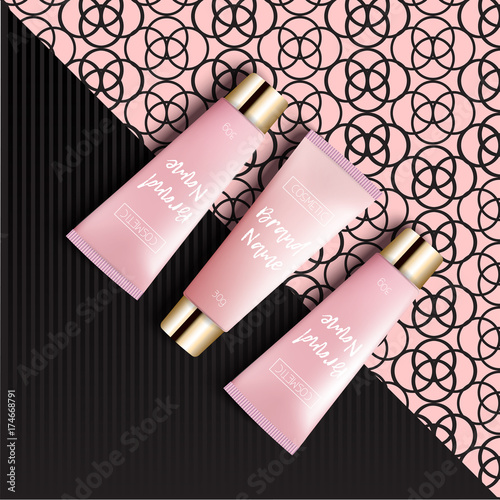 Realistic 3D template design cosmetics packaging. Tube cream is a bright, fashionable, youthful background, a top view. Advertising of fashionable cosmetics. Vector illustration. photo