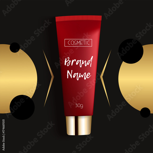 Realistic 3D template design cosmetics packaging. Tube cream is a bright, fashionable, youthful background, a top view. Advertising of fashionable cosmetics. Vector illustration. photo