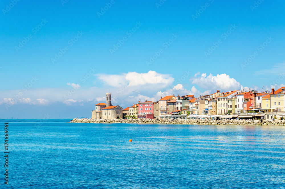 Rocky promontory with a small lighthouse, Piran, Slovakia, Europe
