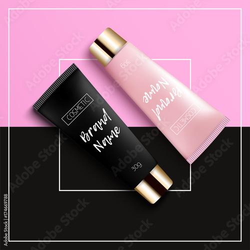 Realistic 3D template design cosmetics packaging. Tube cream is a bright, fashionable, youthful background, a top view. Advertising of fashionable cosmetics. Vector illustration. photo