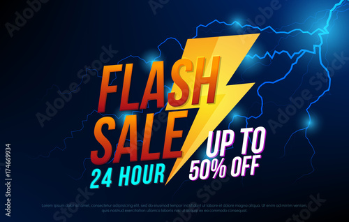 Flash sale bright banner with thunder design template for poster. One day big sale, special offer, clearance. Vector illustrator