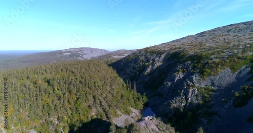 Tunturi mountains, Cinema 4k aerial view flying in isokuru, a canyon between two fjeld mountains, in pyha-luosto national park of Lapland, on a sunny autumn day, in Lappi, Finland photo