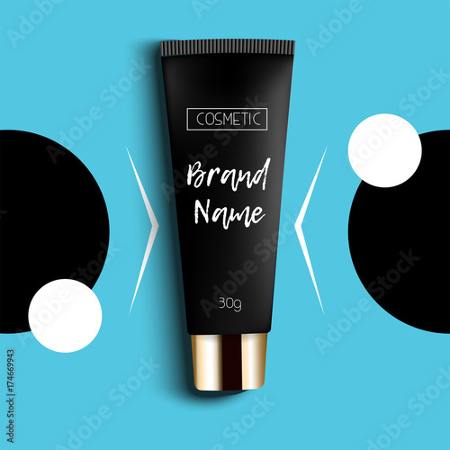 Realistic 3D template design cosmetics packaging. Tube cream is a bright, fashionable, youthful background, a top view. Advertising of fashionable cosmetics. Vector illustration. photo