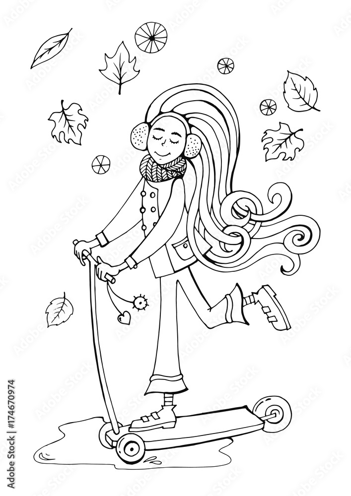 графическая иллюстрация, девочка катается на самокате, падают осенние листья, наступила осень