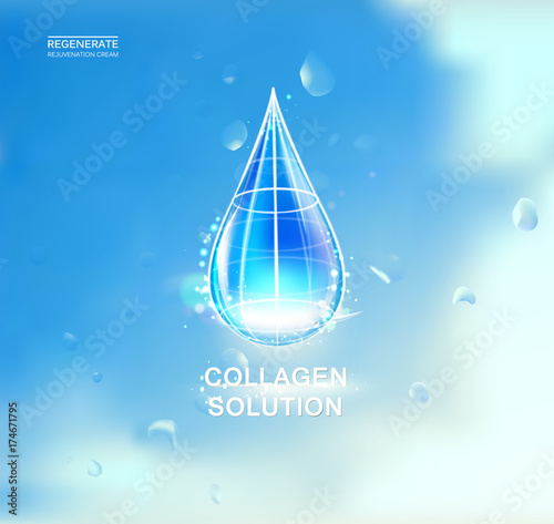 Cosmetic oil lotion with water. Regenerate face cream and Vitamin complex concept. Shining essence droplet. Beauty skin care design over blue backdrop. Vector illustration.