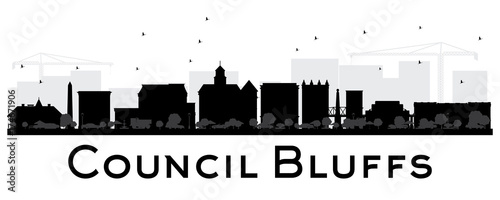 Council Bluffs skyline black and white silhouette.