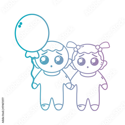 line cute babies together with hairstyle and balloon