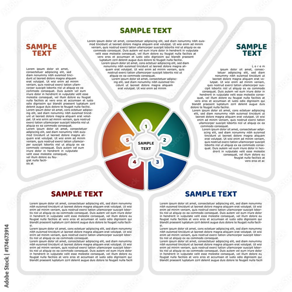 Sheet with infographic template with place for text. 5 colorful parts ...