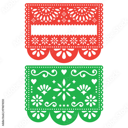 Mexican Papel Picado vector template design set, cutout paper decorations flowers and geometric shapes, two party banners