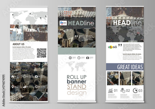 Set of roll up banner stands, flat design templates, abstract geometric style, vertical vector flyers, flag layouts. Colorful background made of dotted texture for travel business, urban cityscape.