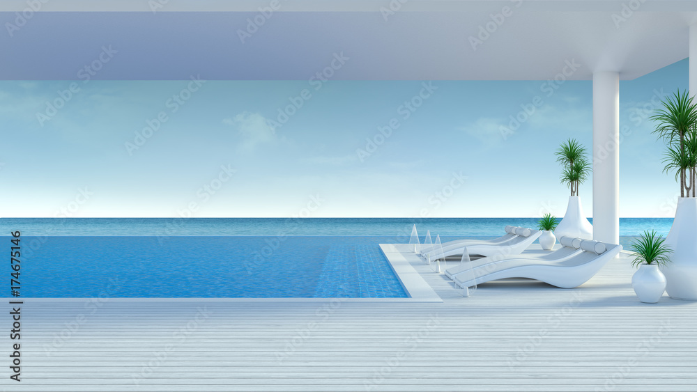 Obraz premium Beach lounge ,sun loungers on Sunbathing deck and private swimming pool at luxury villa/3d rendering