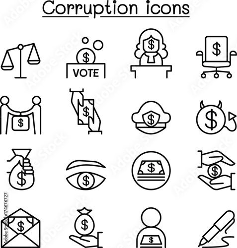 Corruption & Dishonesty icon set in thin line style