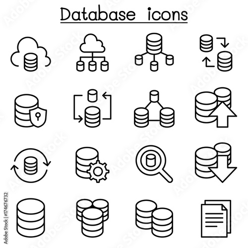 Server, Database, Hosting, Sharing, Cloud computing icon set in thin line style